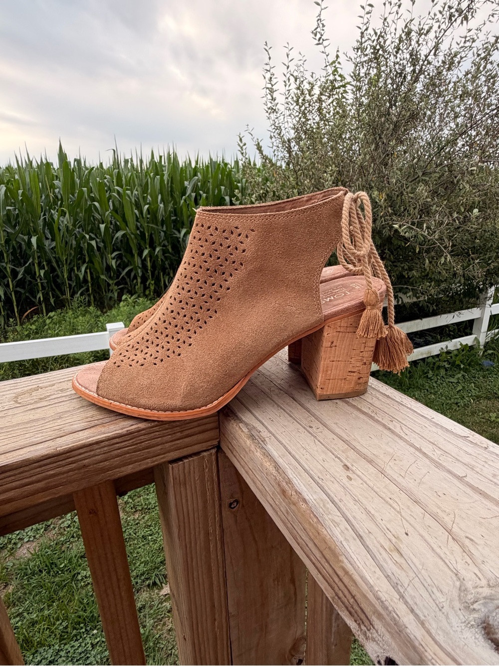 Toms Tan Suede Peep-Toe Block Heel Bootie with Tassel Back
